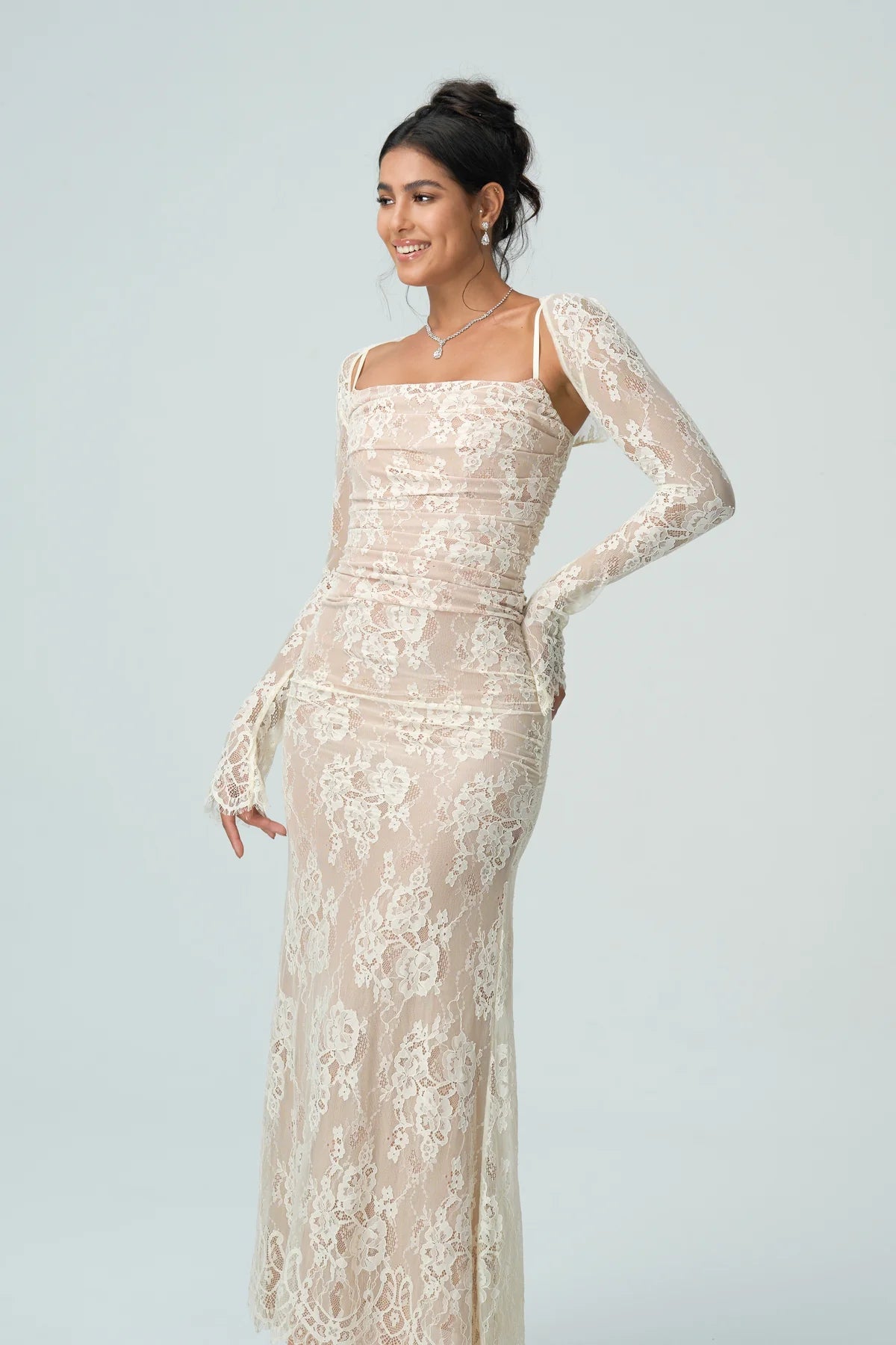 Carrie | Women’s Square Neck Sheer Sleeve Wedding Guest Dress