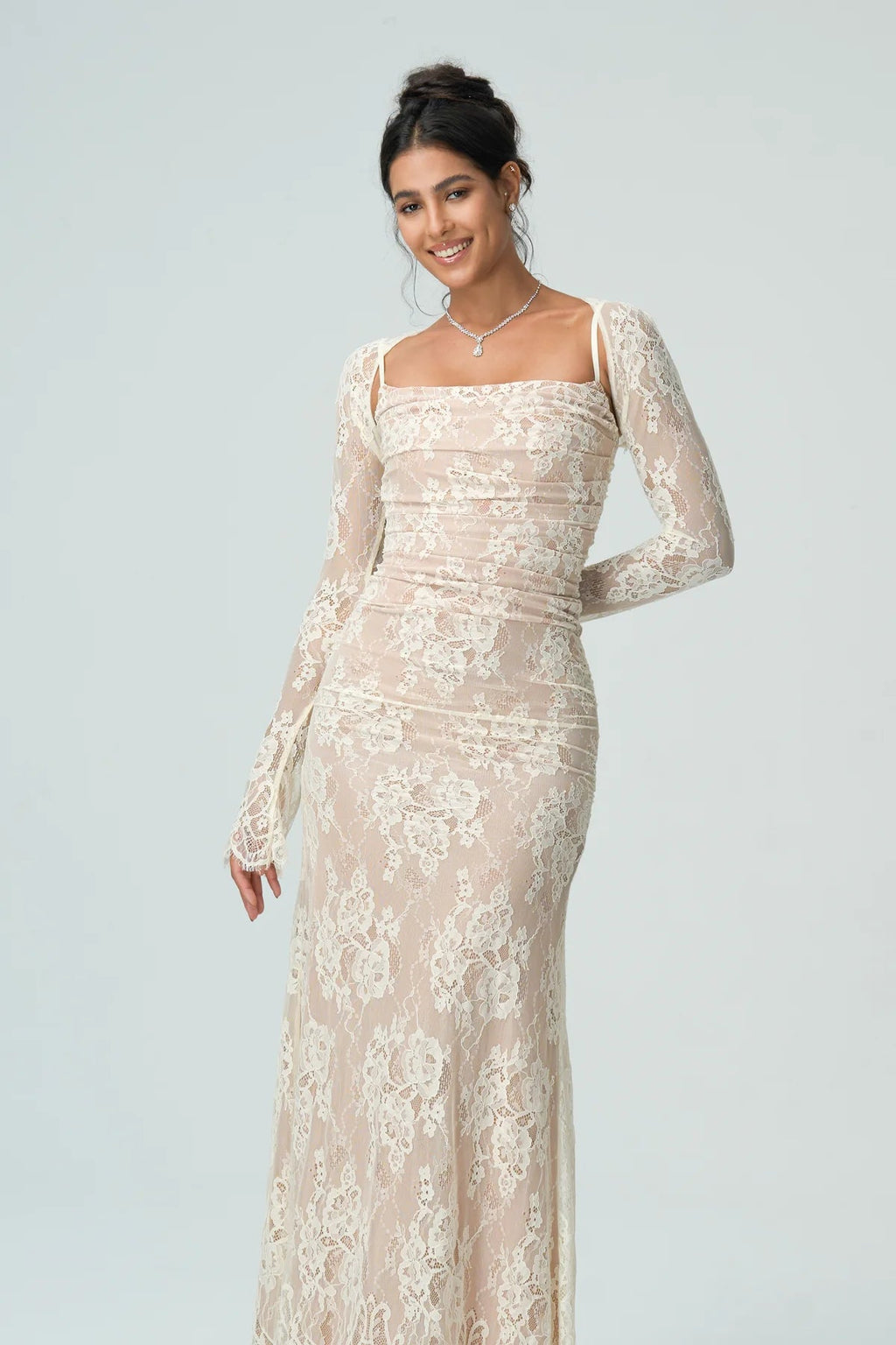 Carrie | Women’s Square Neck Sheer Sleeve Wedding Guest Dress