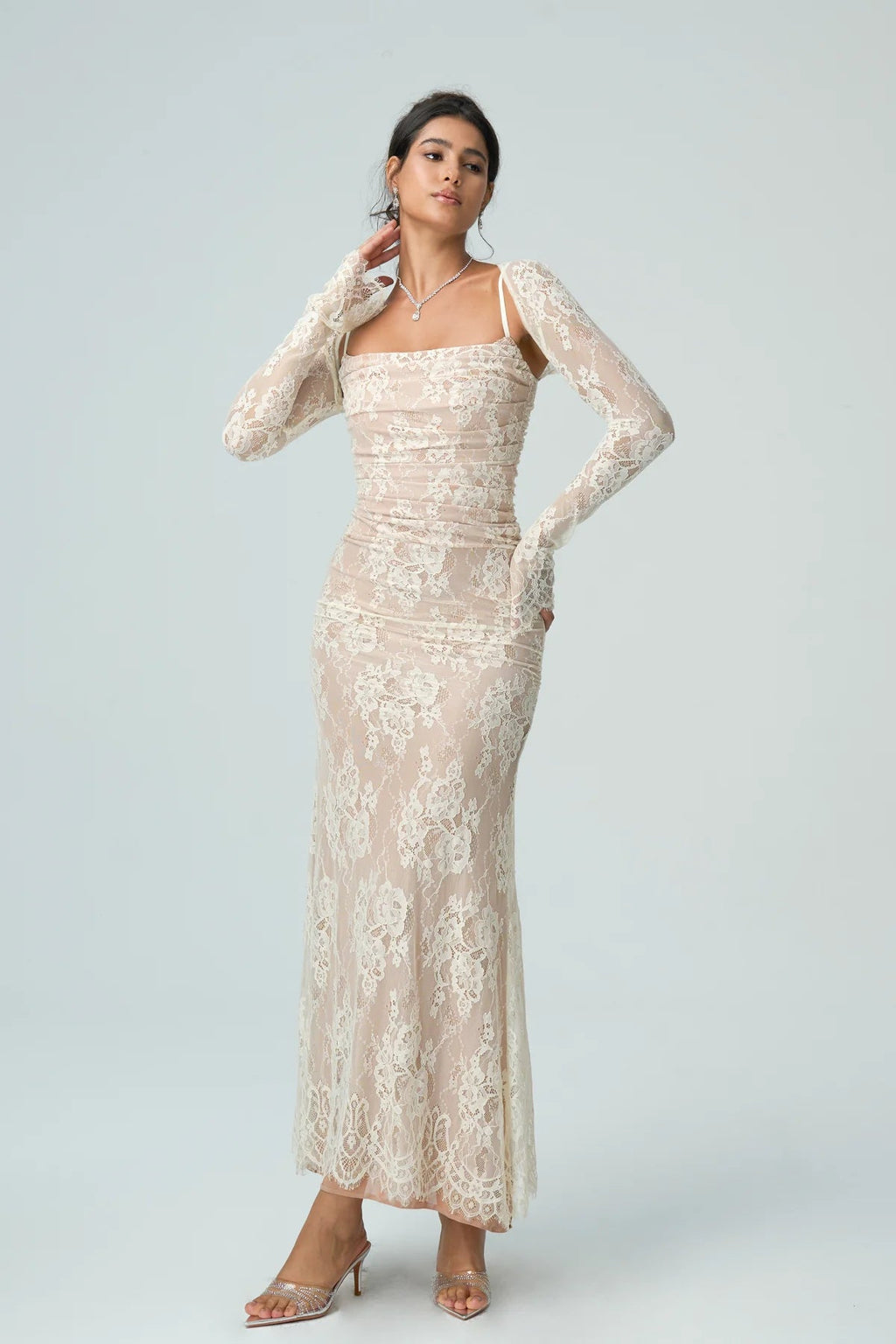 Carrie | Women’s Square Neck Sheer Sleeve Wedding Guest Dress