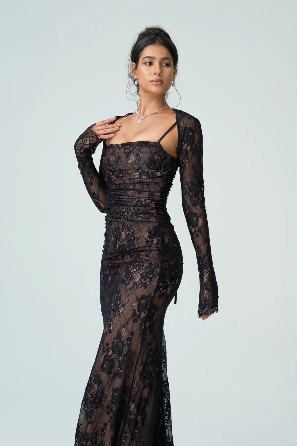 Carrie | Women’s Square Neck Sheer Sleeve Wedding Guest Dress