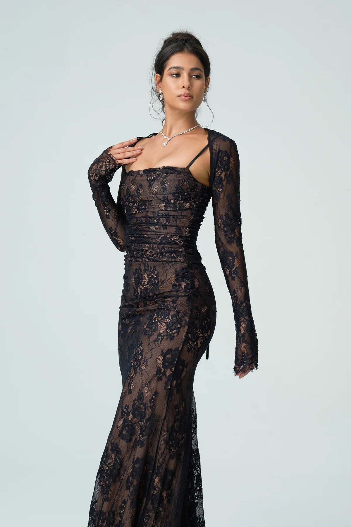 Carrie | Women’s Square Neck Sheer Sleeve Wedding Guest Dress