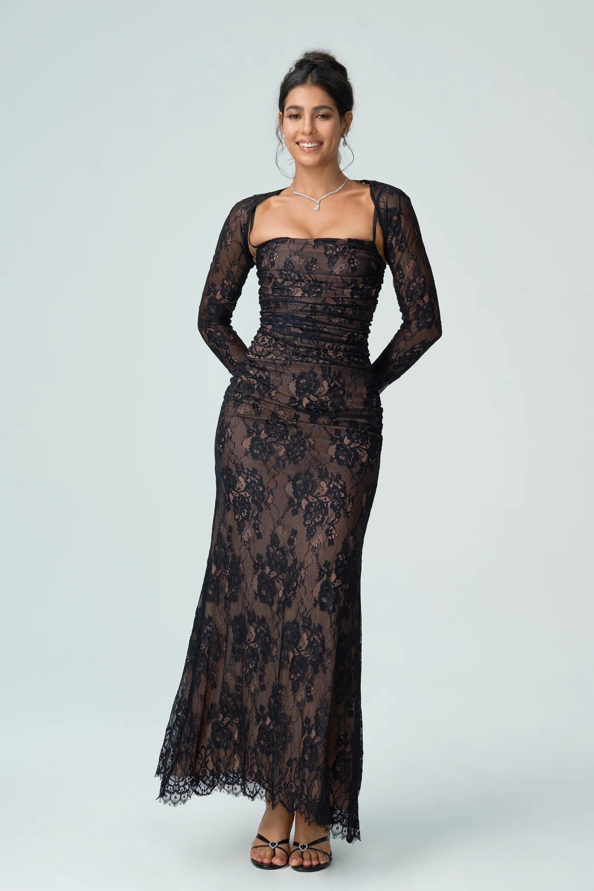 Carrie | Women’s Square Neck Sheer Sleeve Wedding Guest Dress