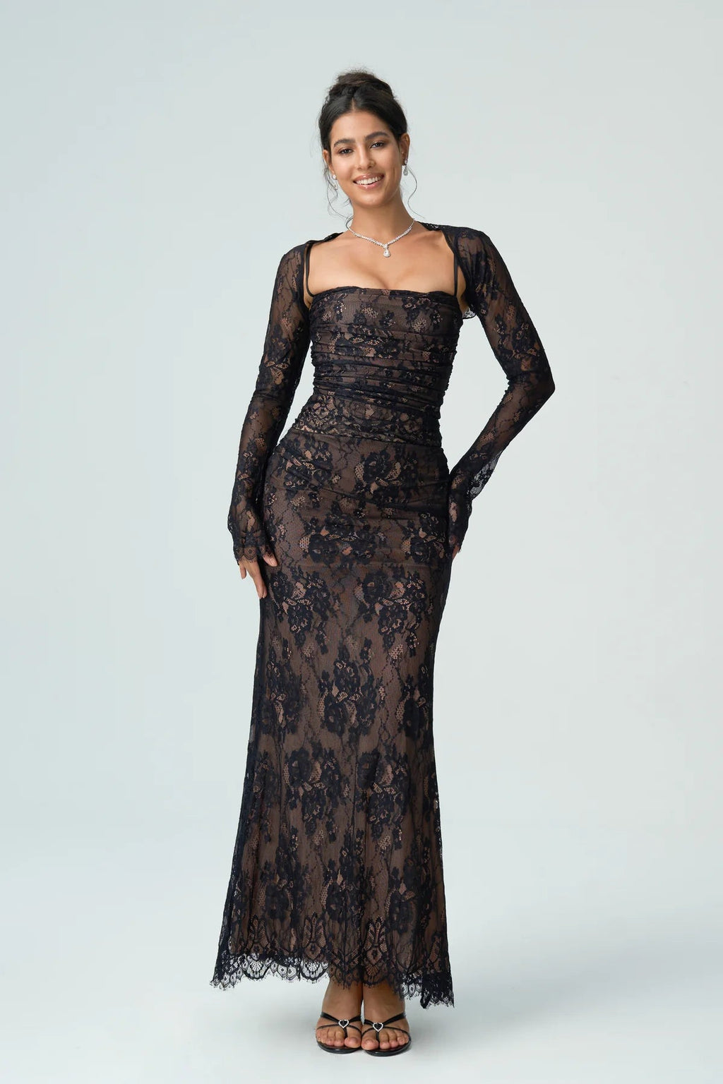 Carrie | Women’s Square Neck Sheer Sleeve Wedding Guest Dress