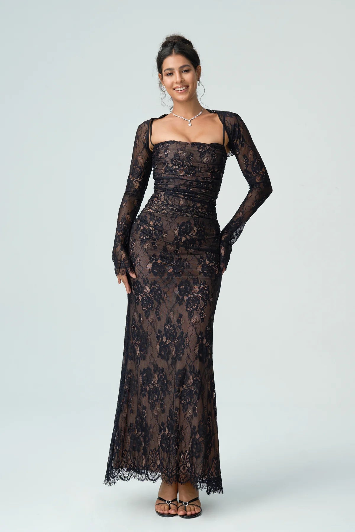 Carrie | Women’s Square Neck Sheer Sleeve Wedding Guest Dress