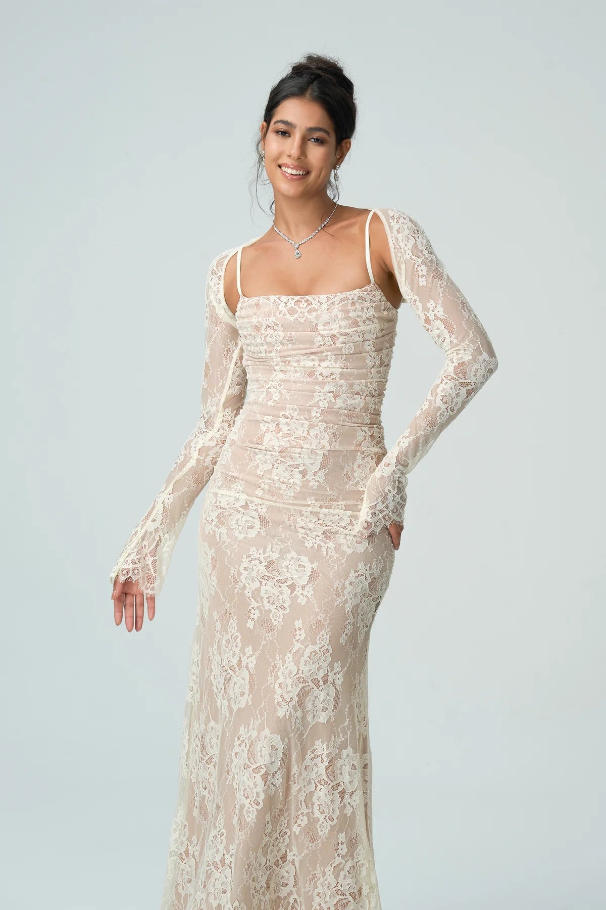 Carrie | Women’s Square Neck Sheer Sleeve Wedding Guest Dress