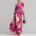 Cassia | Women's Floral Print V Neck Belted Flowy Maxi Dress