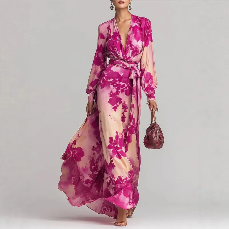 Cassia | Women's Floral Print V Neck Belted Flowy Maxi Dress