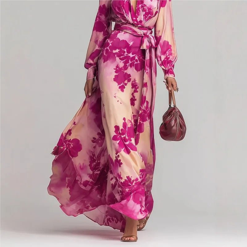 Cassia | Women's Floral Print V Neck Belted Flowy Maxi Dress