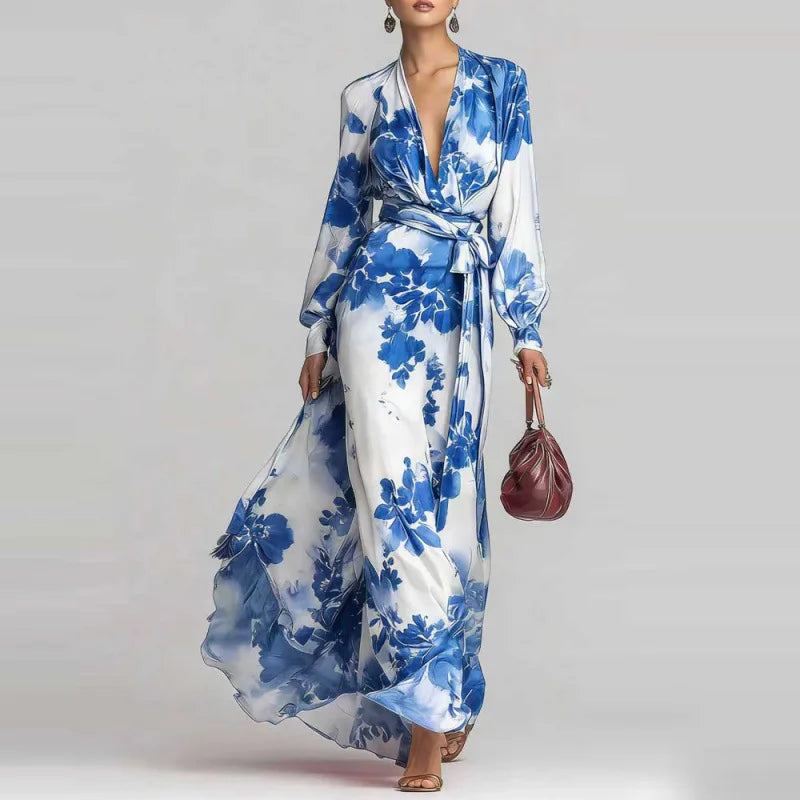 Cassia | Women's Floral Print V Neck Belted Flowy Maxi Dress