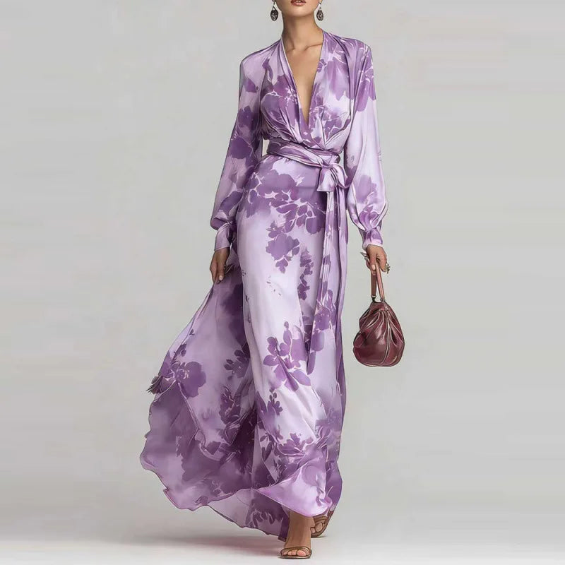 Cassia | Women's Floral Print V Neck Belted Flowy Maxi Dress