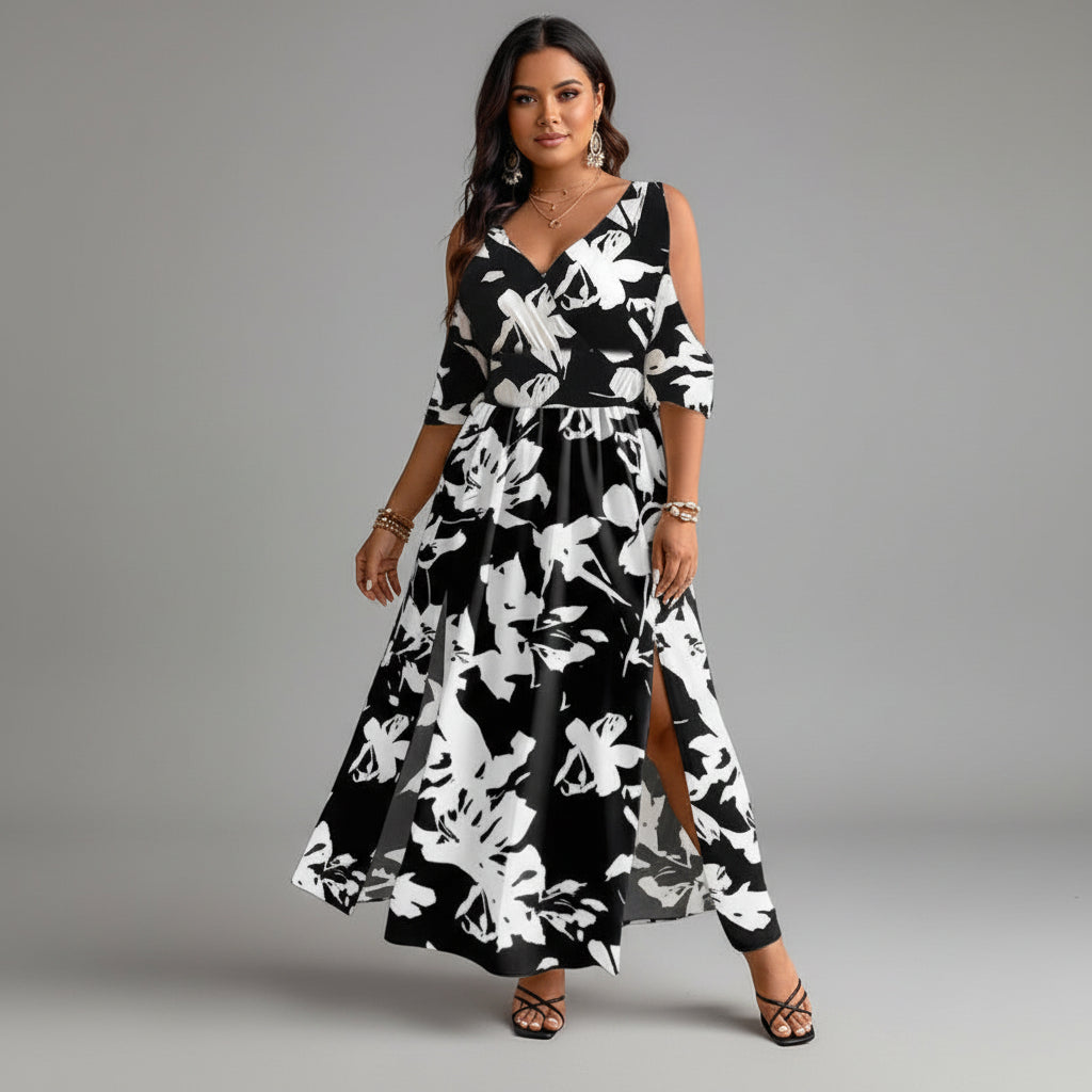 Catharine | Women’s V Neck Printed Flowy Maxi Dress