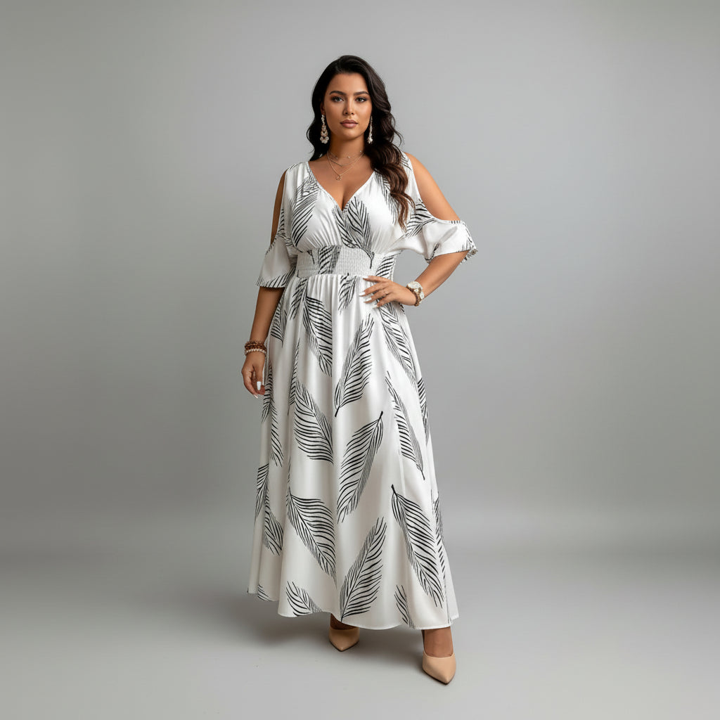 Catharine | Women’s V Neck Printed Flowy Maxi Dress