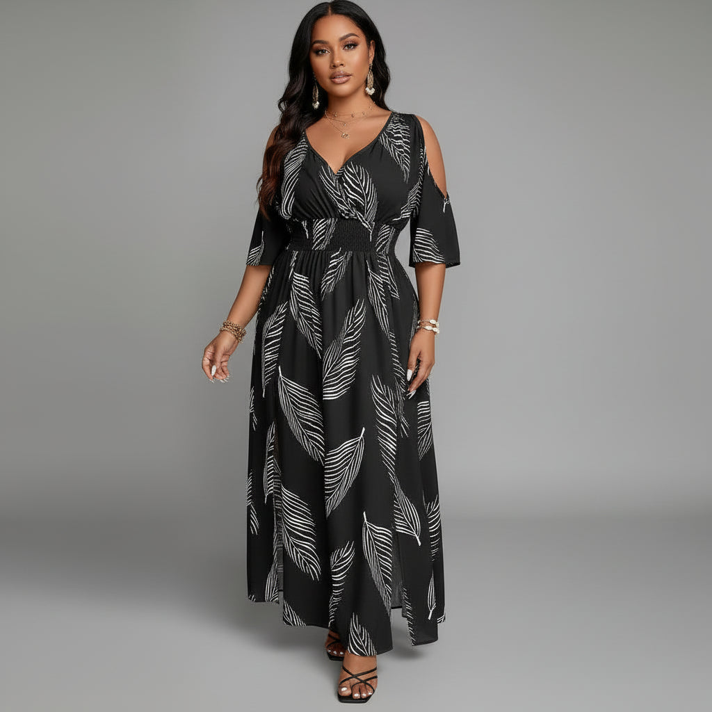 Catharine | Women’s V Neck Printed Flowy Maxi Dress