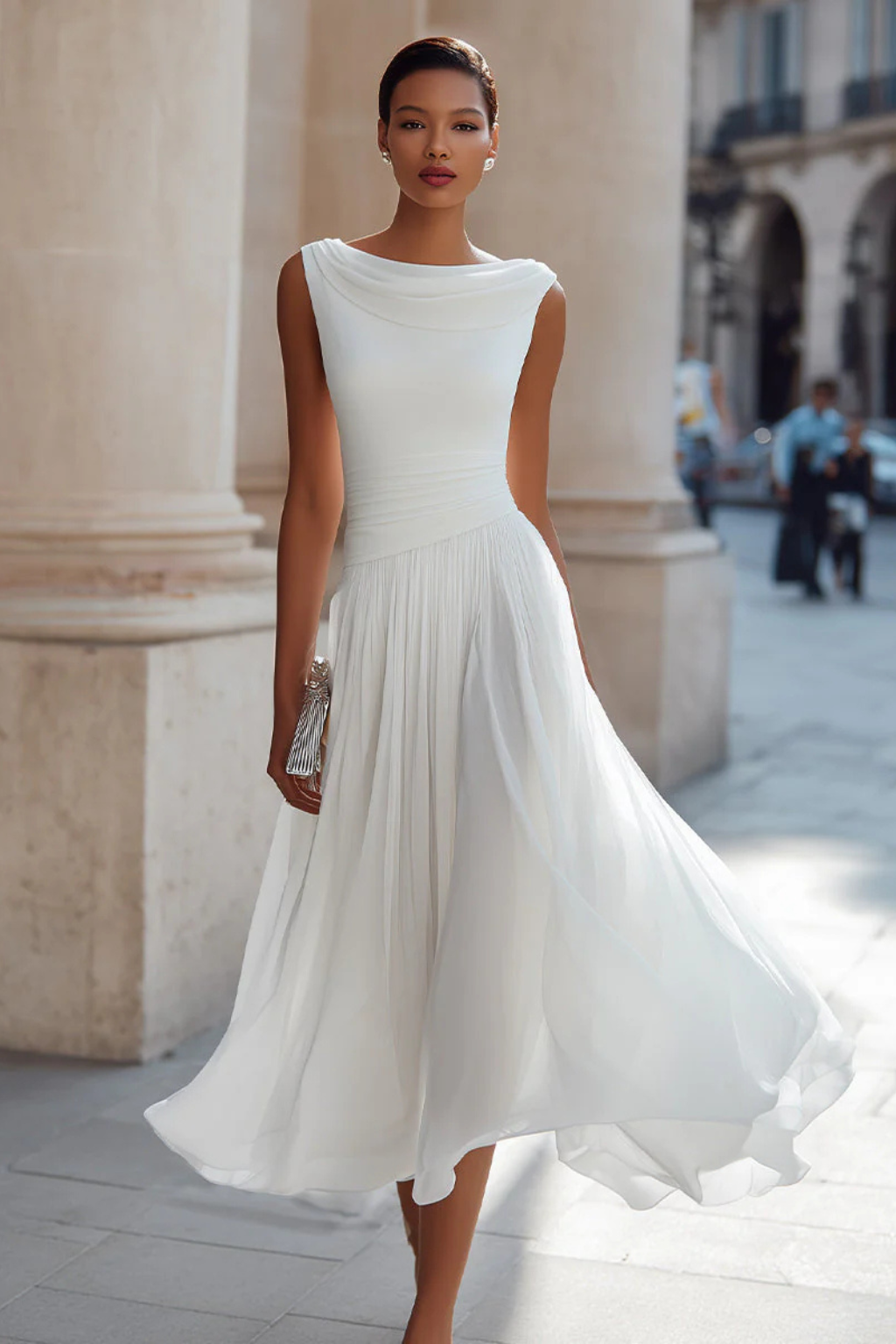 Catrina | Women’s Draped Cowl Neck Sleeveless Midi Dress