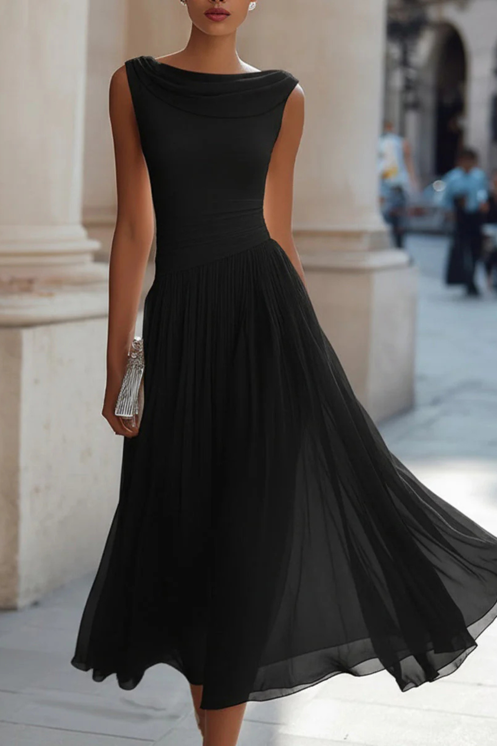 Catrina | Women’s Draped Cowl Neck Sleeveless Midi Dress