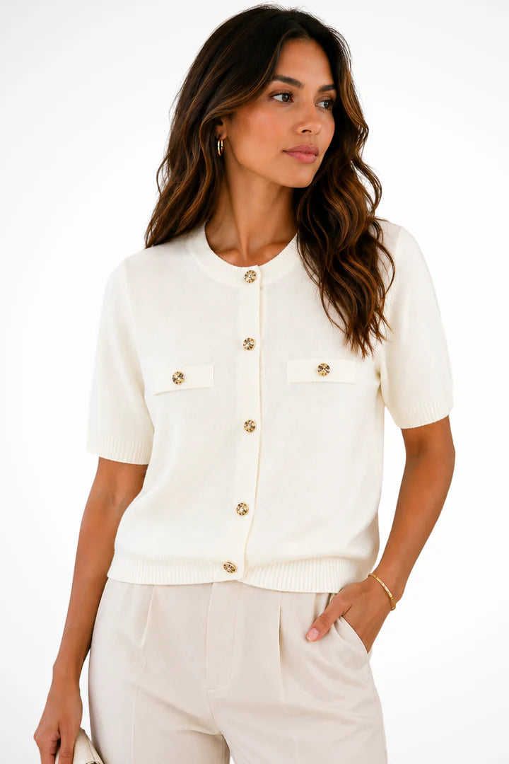 Chanel | Women's Round Neck Short Sleeve Button Front Cardigan