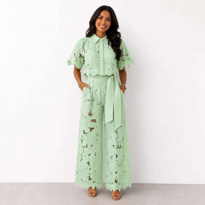 Chelsey | Women’s Collared Short Sleeve Wide Leg Two Piece Set