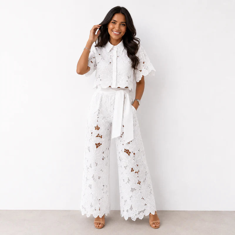 Chelsey | Women’s Collared Short Sleeve Wide Leg Two Piece Set