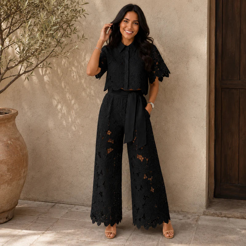 Chelsey | Women’s Collared Short Sleeve Wide Leg Two Piece Set