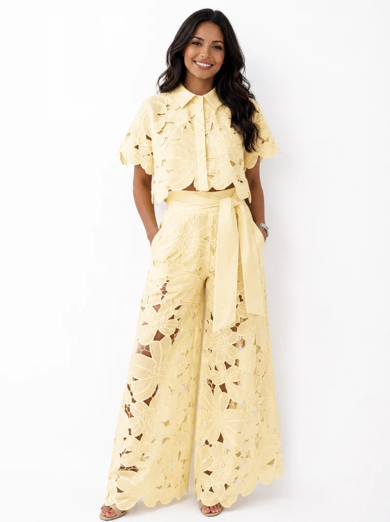 Chelsey | Women’s Collared Short Sleeve Wide Leg Two Piece Set