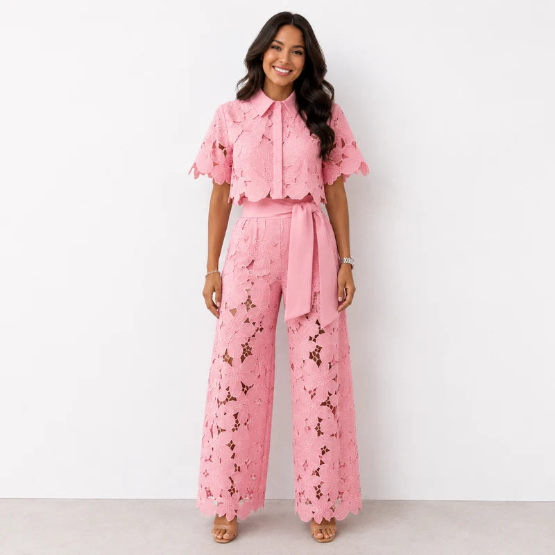 Chelsey | Women’s Collared Short Sleeve Wide Leg Two Piece Set