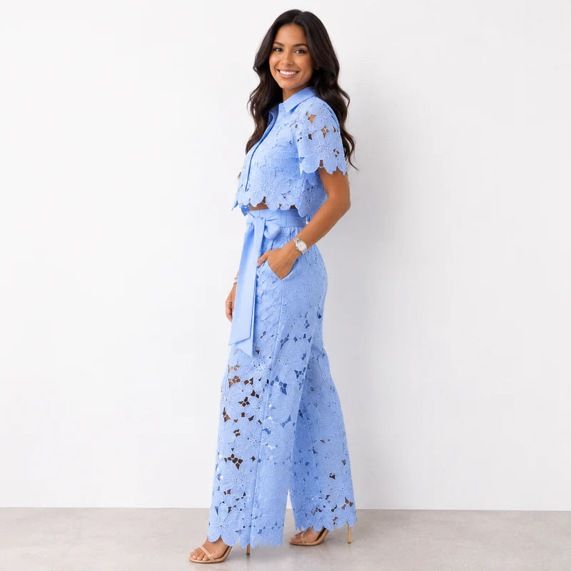 Chelsey | Women’s Collared Short Sleeve Wide Leg Two Piece Set