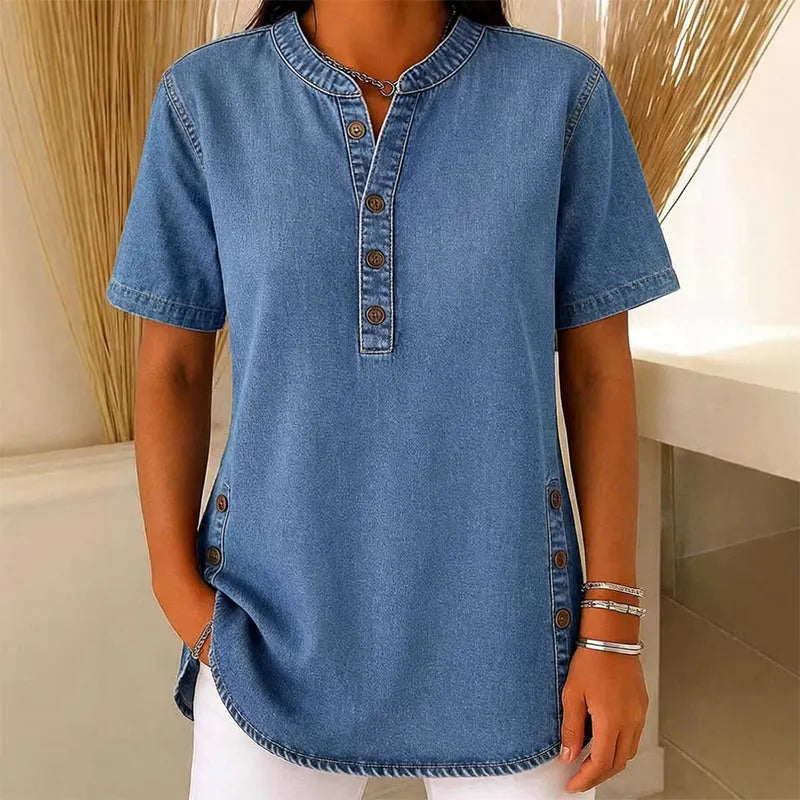 Christelle | Women’s Collared Button Front Short Sleeve Denim Shirt