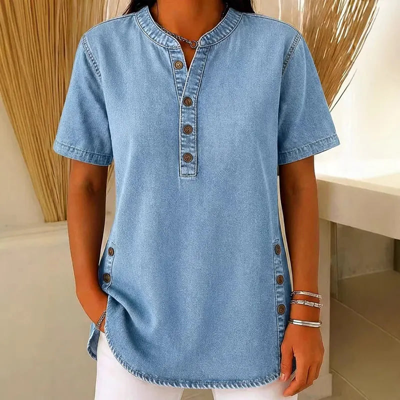 Christelle | Women’s Collared Button Front Short Sleeve Denim Shirt