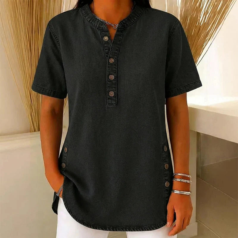 Christelle | Women’s Collared Button Front Short Sleeve Denim Shirt
