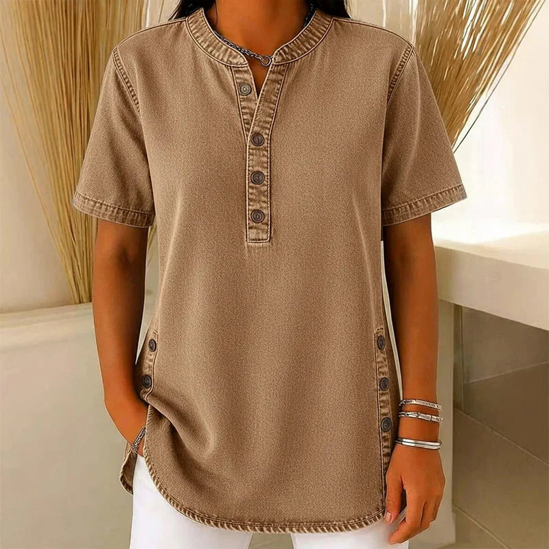 Christelle | Women’s Collared Button Front Short Sleeve Denim Shirt