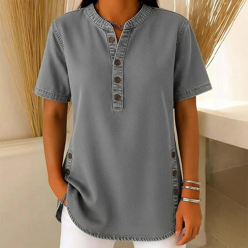 Christelle | Women’s Collared Button Front Short Sleeve Denim Shirt