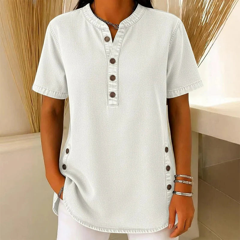 Christelle | Women’s Collared Button Front Short Sleeve Denim Shirt
