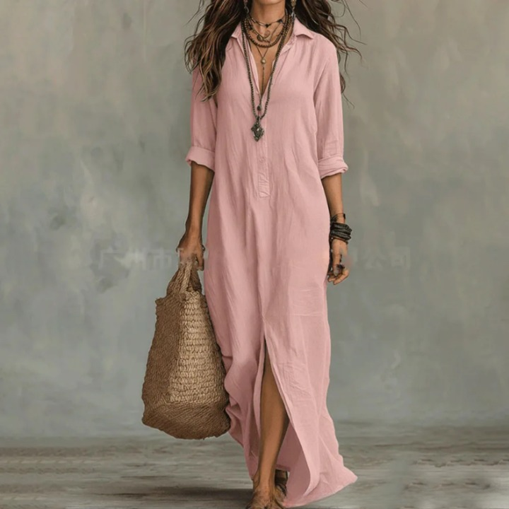 Christiana | Women's Turn Down Collar V Neck Flowy Maxi Dress