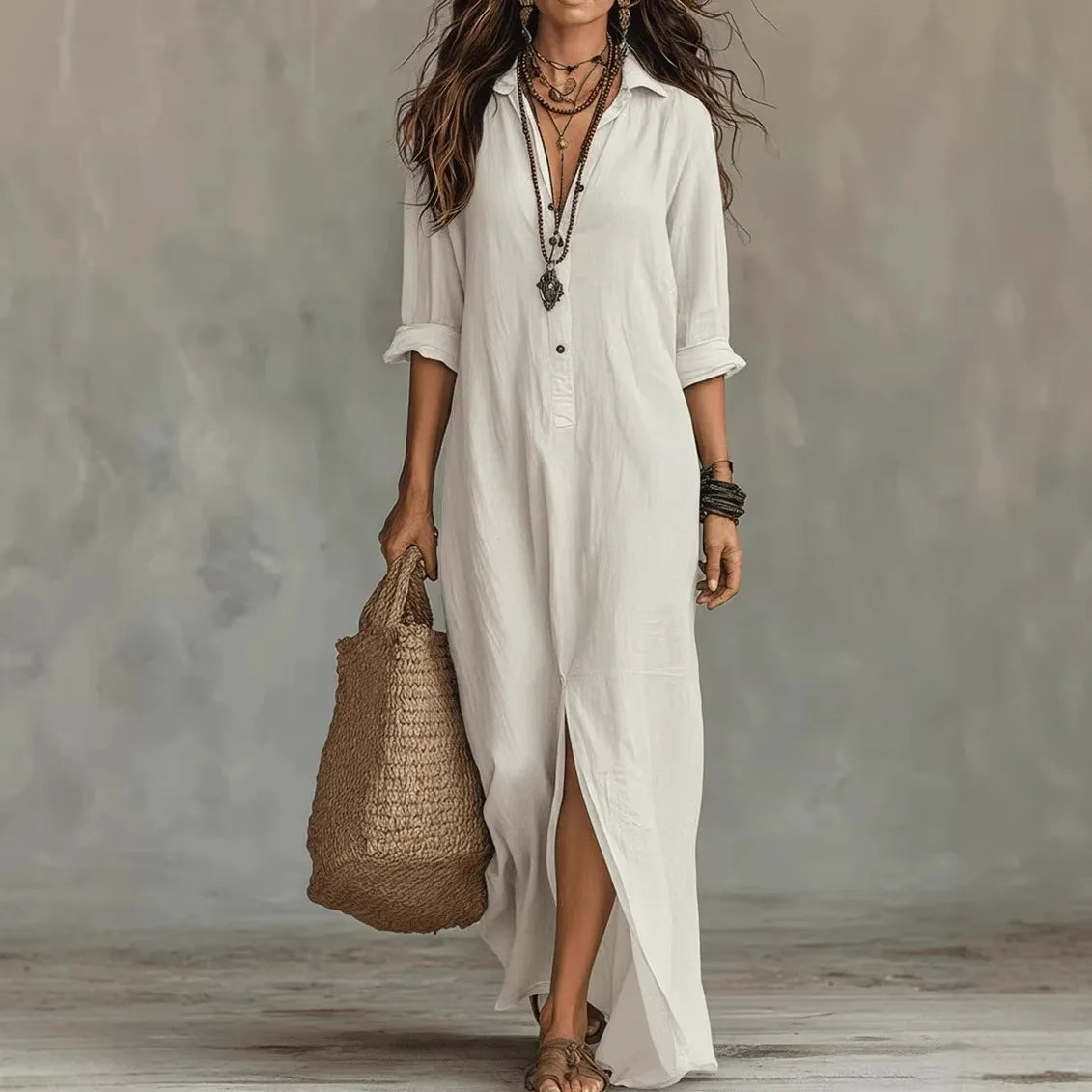Christiana | Women's Turn Down Collar V Neck Flowy Maxi Dress