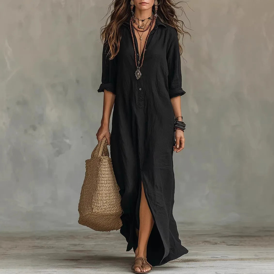 Christiana | Women's Turn Down Collar V Neck Flowy Maxi Dress