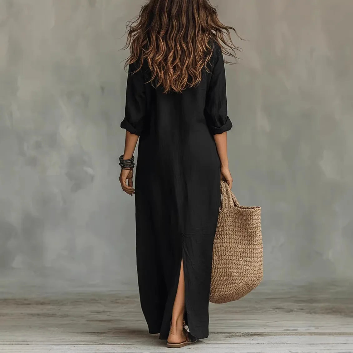 Christiana | Women's Turn Down Collar V Neck Flowy Maxi Dress