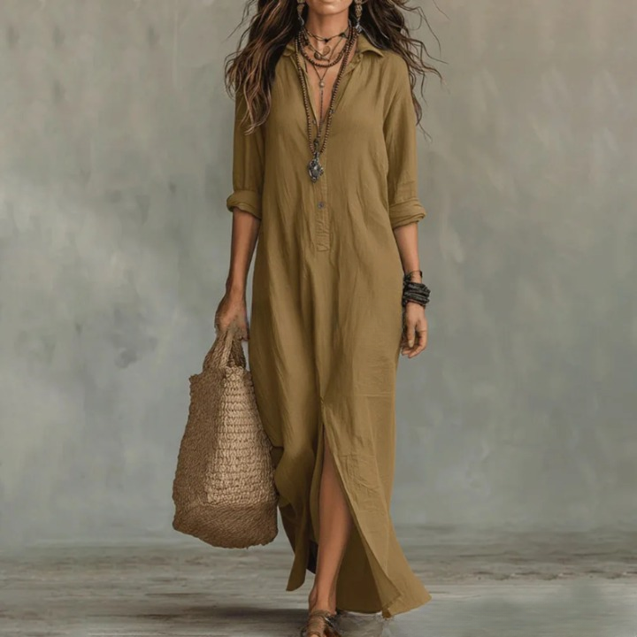Christiana | Women's Turn Down Collar V Neck Flowy Maxi Dress