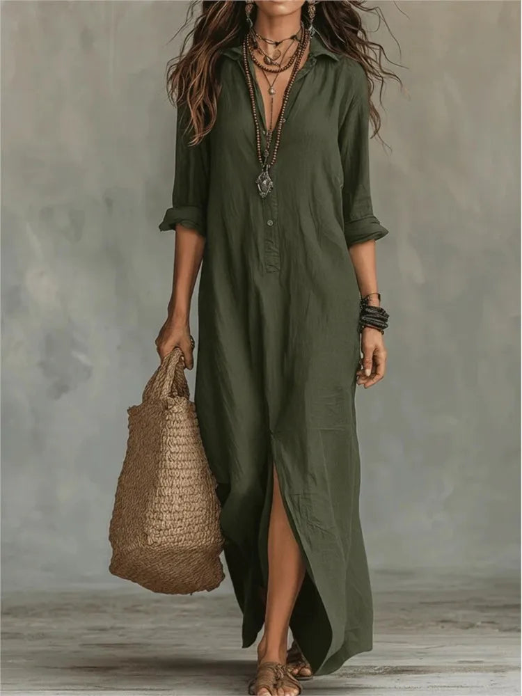 Christiana | Women's Turn Down Collar V Neck Flowy Maxi Dress