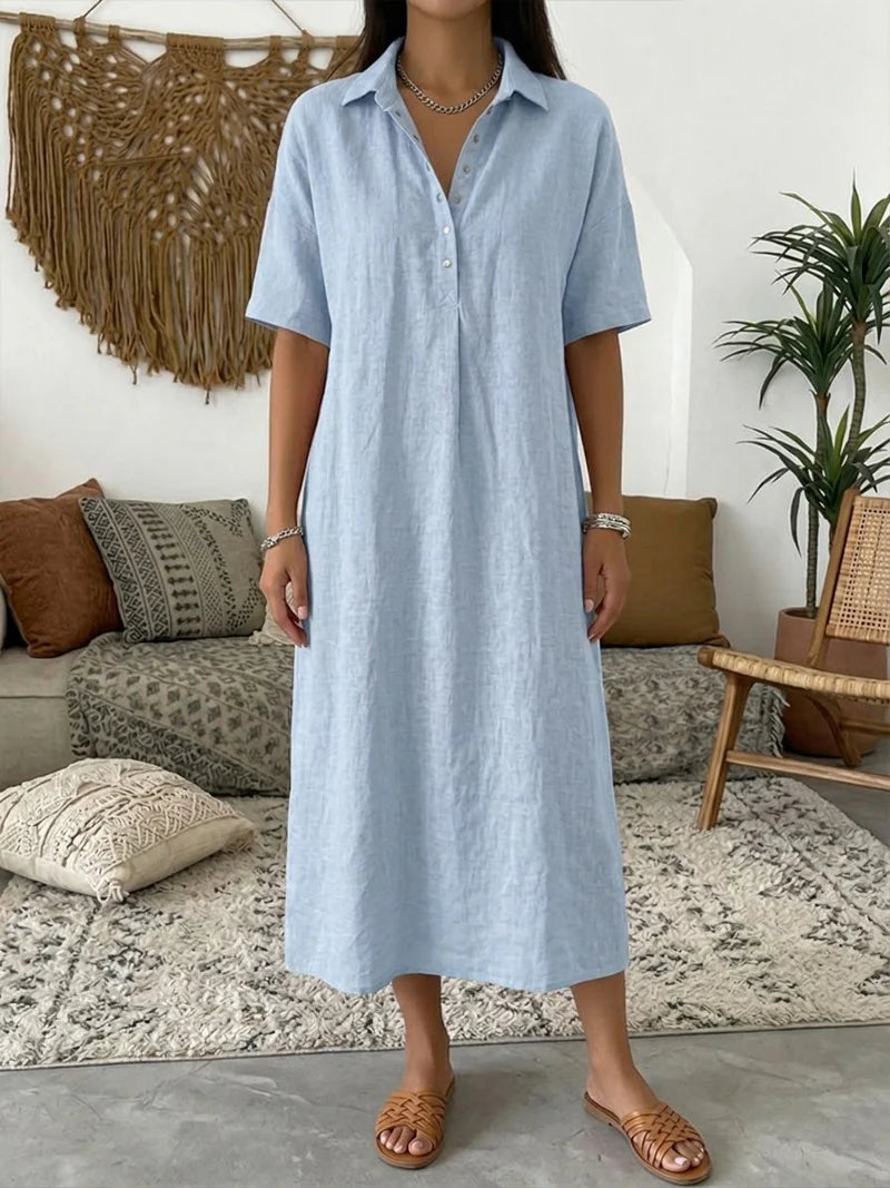 Chrystal | Women’s Short Sleeve Collared Button Front Midi Dress