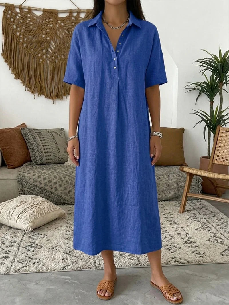 Chrystal | Women’s Short Sleeve Collared Button Front Midi Dress
