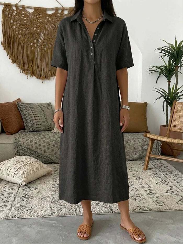 Chrystal | Women’s Short Sleeve Collared Button Front Midi Dress