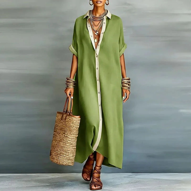 Cinnamon | Women's Collared Short Sleeve Shirt Midi Dress