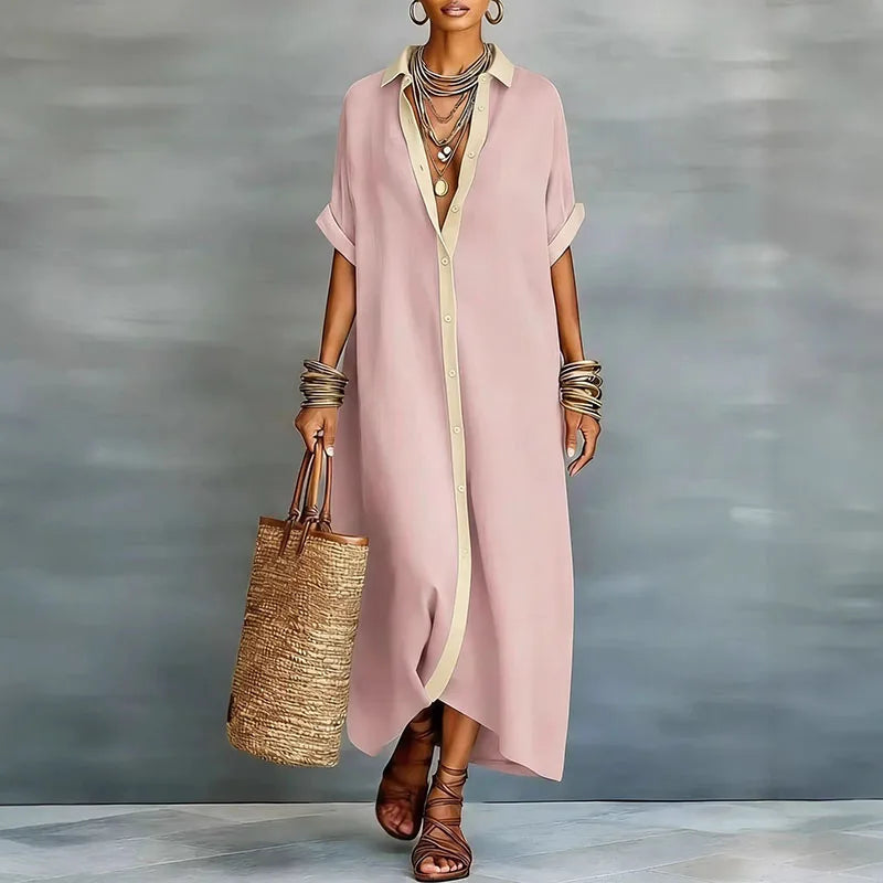 Cinnamon | Women's Collared Short Sleeve Shirt Midi Dress