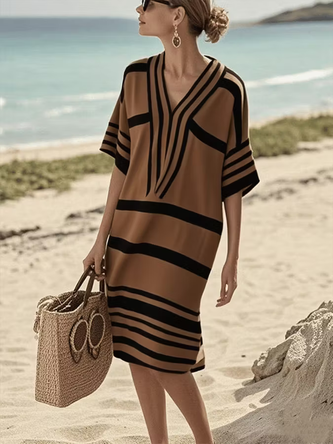 Citlaly | Women’s Short Sleeve Striped V Neck Knee Length Dress