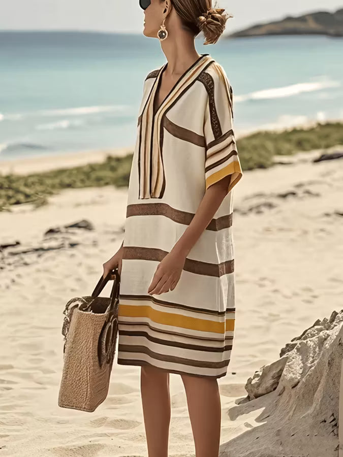 Citlaly | Women’s Short Sleeve Striped V Neck Knee Length Dress