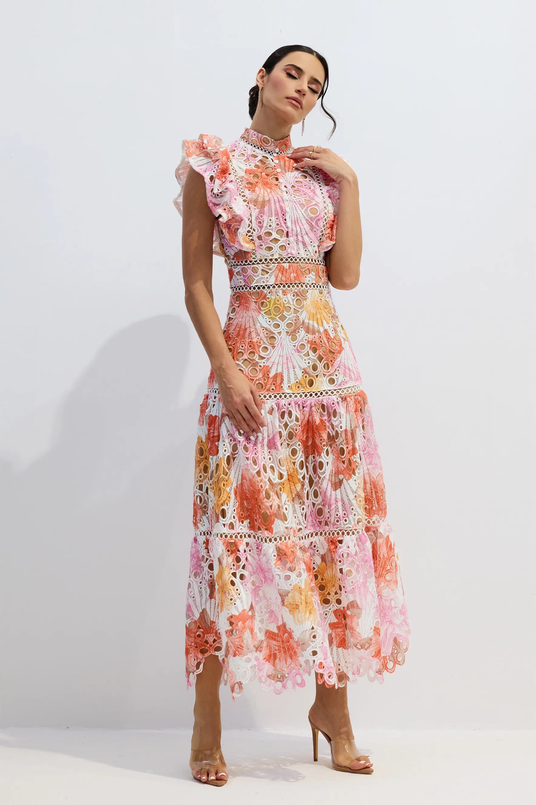 Claiborne | Women’s High Neck Flutter Sleeve Flowy Summer Maxi Dress