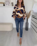 Claudia | Women’s Printed V Neck Long Sleeve Blouse