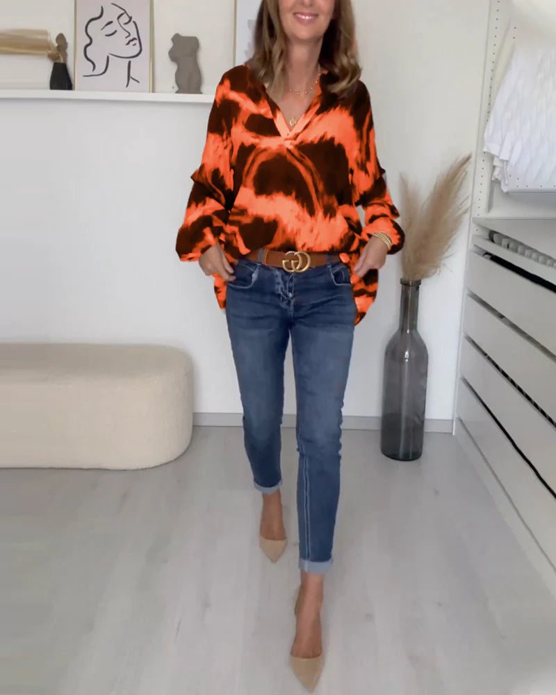 Claudia | Women’s Printed V Neck Long Sleeve Blouse