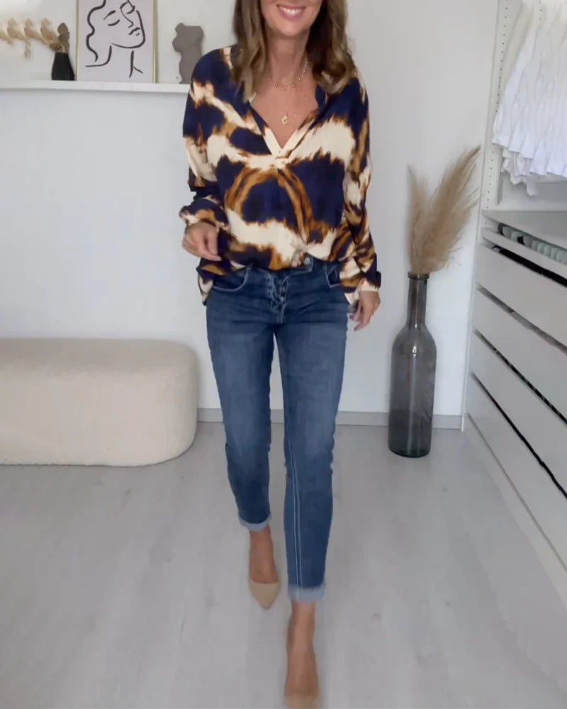 Claudia | Women’s Printed V Neck Long Sleeve Blouse
