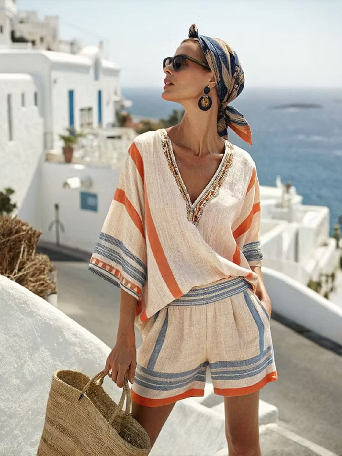 Collette | Women’s Batwing Sleeve V Neck Striped Two Piece Set